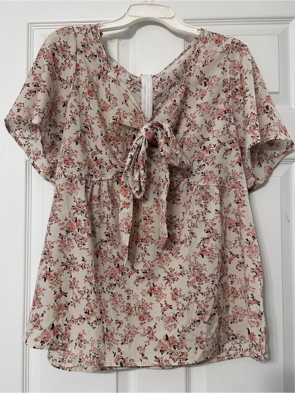 SHEIN Pink Floral Tie-Front Flutter Sleeve Blouse